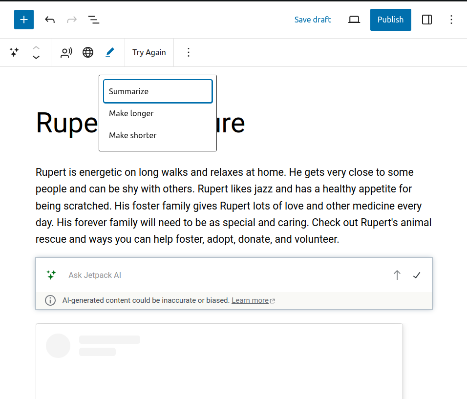 Jetpack AI - Block Editor - Summarize Make Longer or Shorter - Ask Jetpack AI. Feedback for Rupert the Maltese from The HIT Living Foundation.