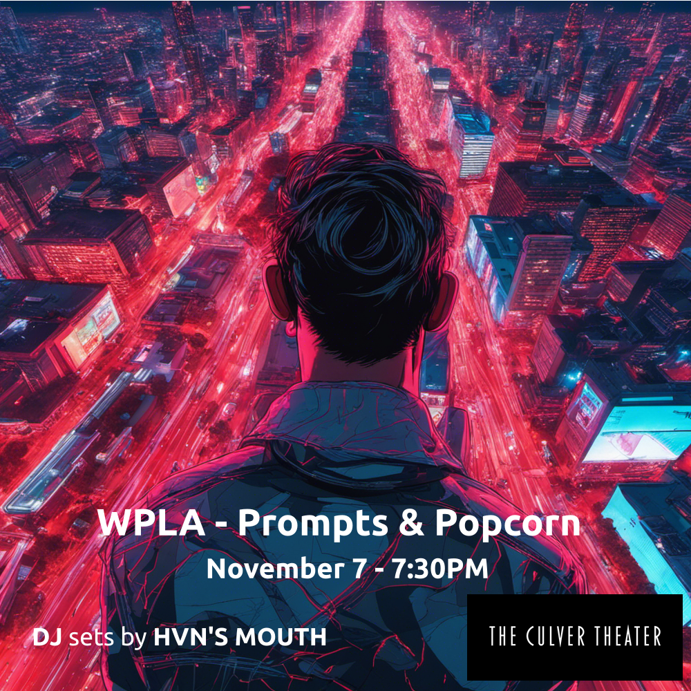 WPLA brings Prompts & Popcorn to The Culver Theater Nov 7, 2023. DJ HVN'S MOUTH will spin records, build soundscapes and create Audio/Visual vibes. Red tail lights and blue headlights streak on the night roads seen from high above. This abstract image represents HVN'S MOUTH and his colors, shades, and connections to Los Angeles and film theaters.