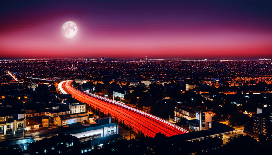 Los Angeles skyline is illuminated by a nearly-full moon. Red tail lights streak on the night roads seen from high above. Technology connects the office buildings, homes, and vehicles through the ether almost invisibly.