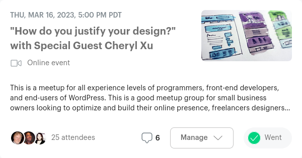 "How do you Justify your Design?" with Special Guest Cheryl Xu. Published on Meetup.com for WordPress Los Angeles