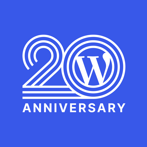 WordPress Workplace Stories - Blue background with White "20 W Anniversary" logo encircled by "WordPress Anniversary" text